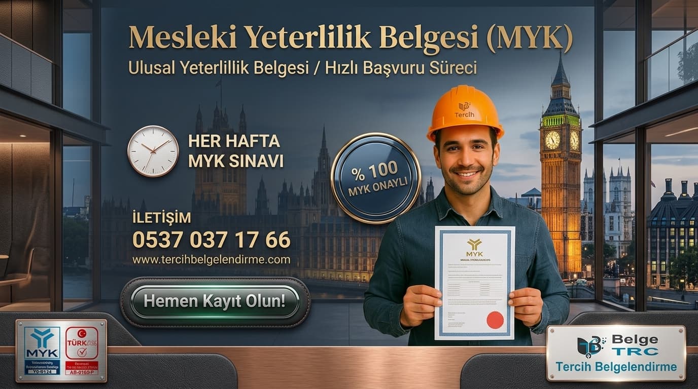 MYK belgesi nedir, nasıl alınır 2026 güncel MYK belgesi ücreti, başvuru şartları ve sınav süreci. MYK belgesi veren yetkili firmalar Tercih Belgelendirme.